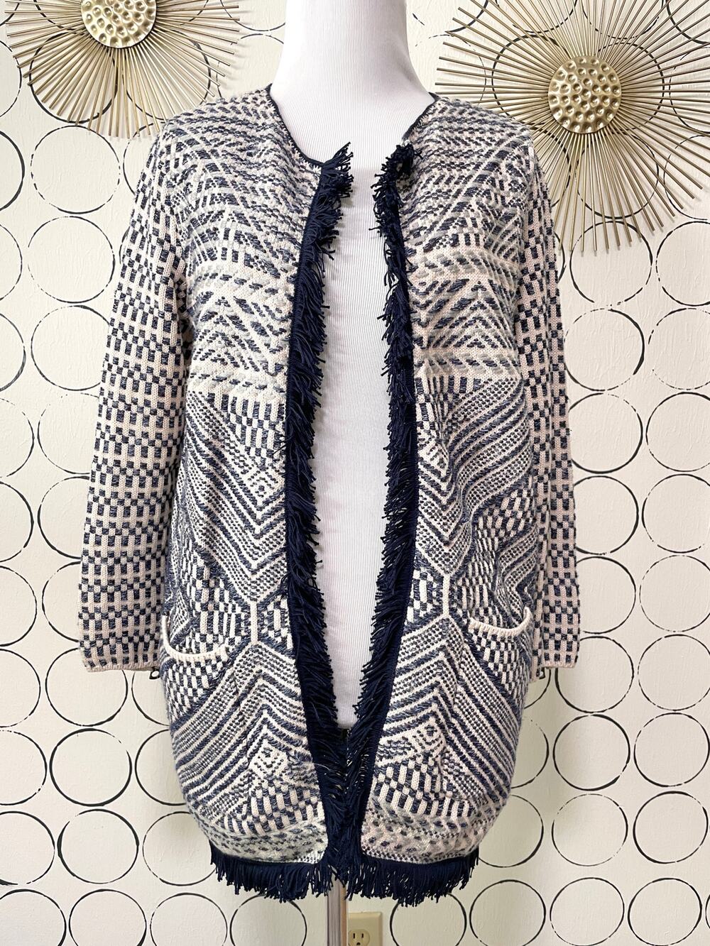 Lucky Brand Womens Open Front Knit Cardigan Sweater S Fringe Boho Western Aztec
